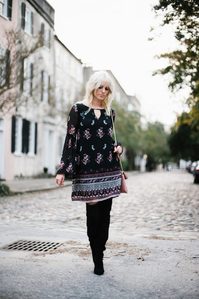 Long sleeve floral dress target bell sleeve shift dress thigh high boots black suede h&M street style fall autumn trends 2016 // Charleston Fashion Blogger Dannon Like The Yogurt 