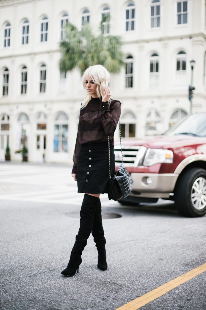 Who What Wear ruffle blouse target sheer long sleeve mock neck button up a line black skirt over-the-knee black suede boots street style fall autumn trends 2016 // Charleston Fashion Blogger Dannon Like The Yogurt 