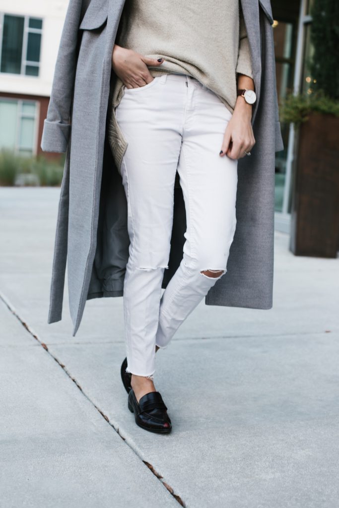 Neutrals layers grey coat white skinny jeans loafers minimalist blogger Fall Autumn blogger street style  // Charleston Fashion Blogger Dannon Like The Yogurt  