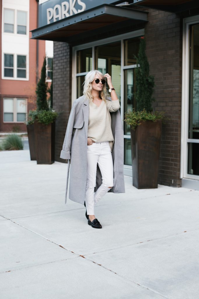 Neutrals layers grey coat white skinny jeans loafers minimalist blogger Fall Autumn blogger street style  // Charleston Fashion Blogger Dannon Like The Yogurt  