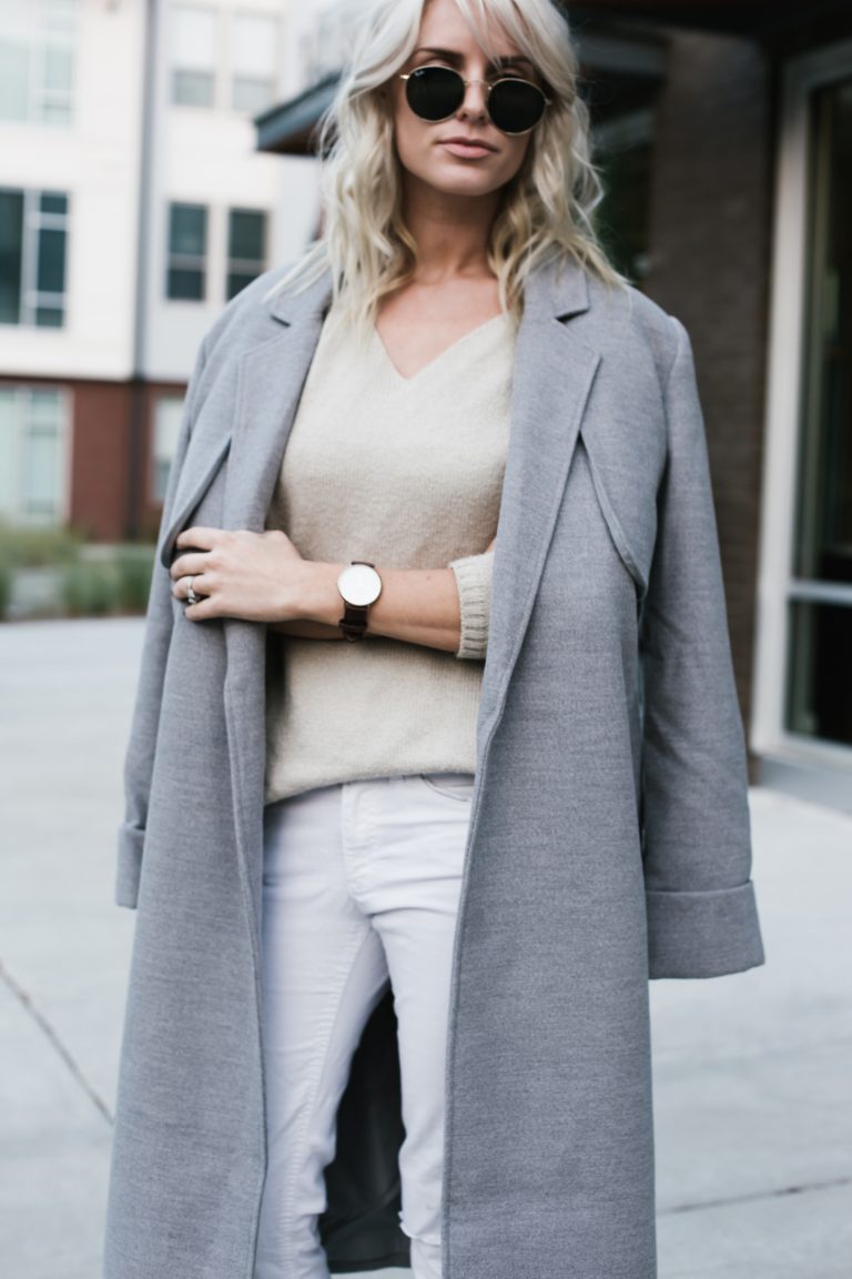 Neutrals layers grey coat white skinny jeans loafers minimalist blogger Fall Autumn blogger street style // Charleston Fashion Blogger Dannon Like The Yogurt