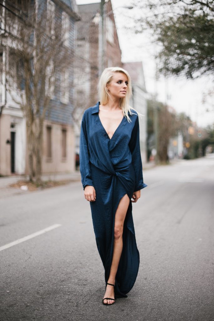 Hostess with the Mostess Forever 21 Satin Knotted high slit maxi dress long sleeve plunge neckline street style winter 2017 // Charleston Fashion Blogger Dannon Like The Yogurt 