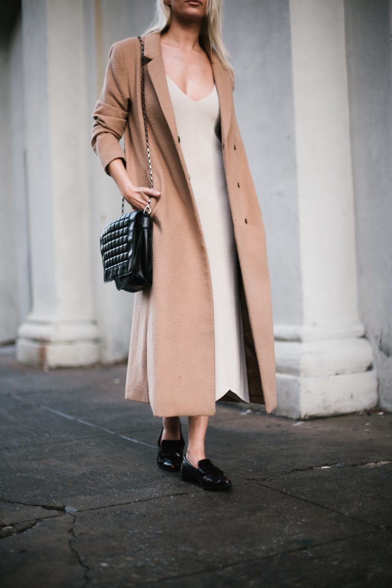 Knit Slipdress Nordstrom Leith beige sweater dress wool long camel coat loafers blogger street style winter 2017 // Charleston Fashion Blogger Dannon Like The Yogurt