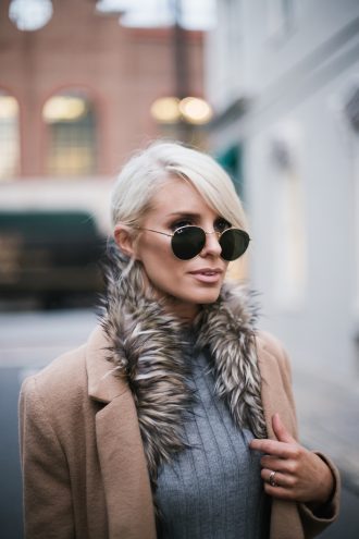 faux fur brown stole DIY tan camel long wool coat forever 21 ribbed mock neck tank gold hair cuff over-the-knee boots menswear minimalist blogger winter street style // Charleston Fashion Blogger Dannon Like The Yogurt