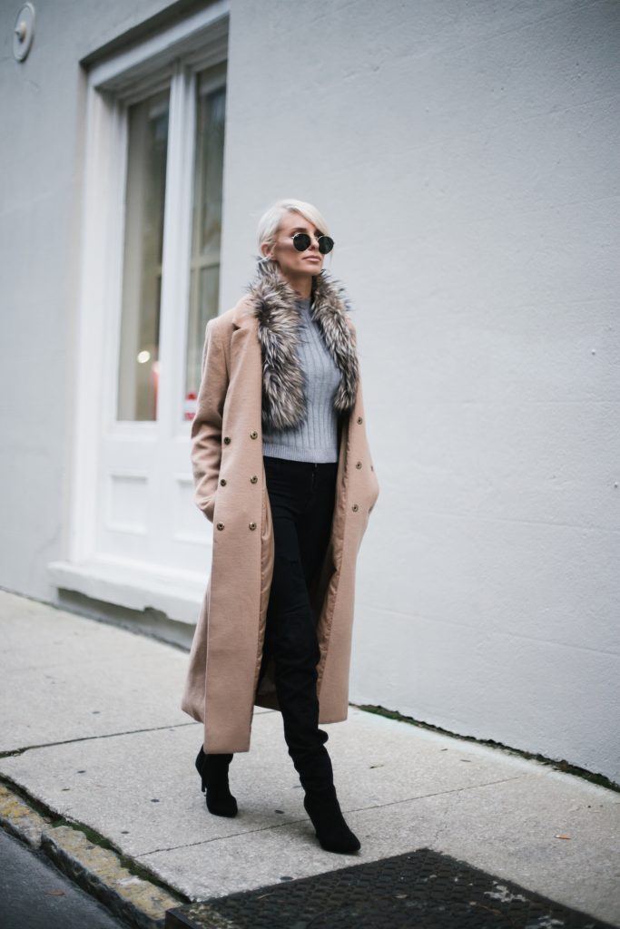 faux fur brown stole DIY tan camel long wool coat forever 21 ribbed mock neck tank gold hair cuff over-the-knee boots menswear minimalist blogger winter street style // Charleston Fashion Blogger Dannon Like The Yogurt 