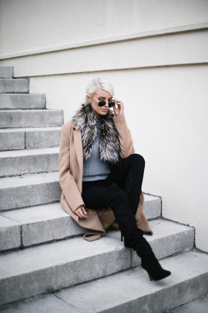 faux fur brown stole DIY tan camel long wool coat forever 21 ribbed mock neck tank gold hair cuff over-the-knee boots menswear minimalist blogger winter street style // Charleston Fashion Blogger Dannon Like The Yogurt 