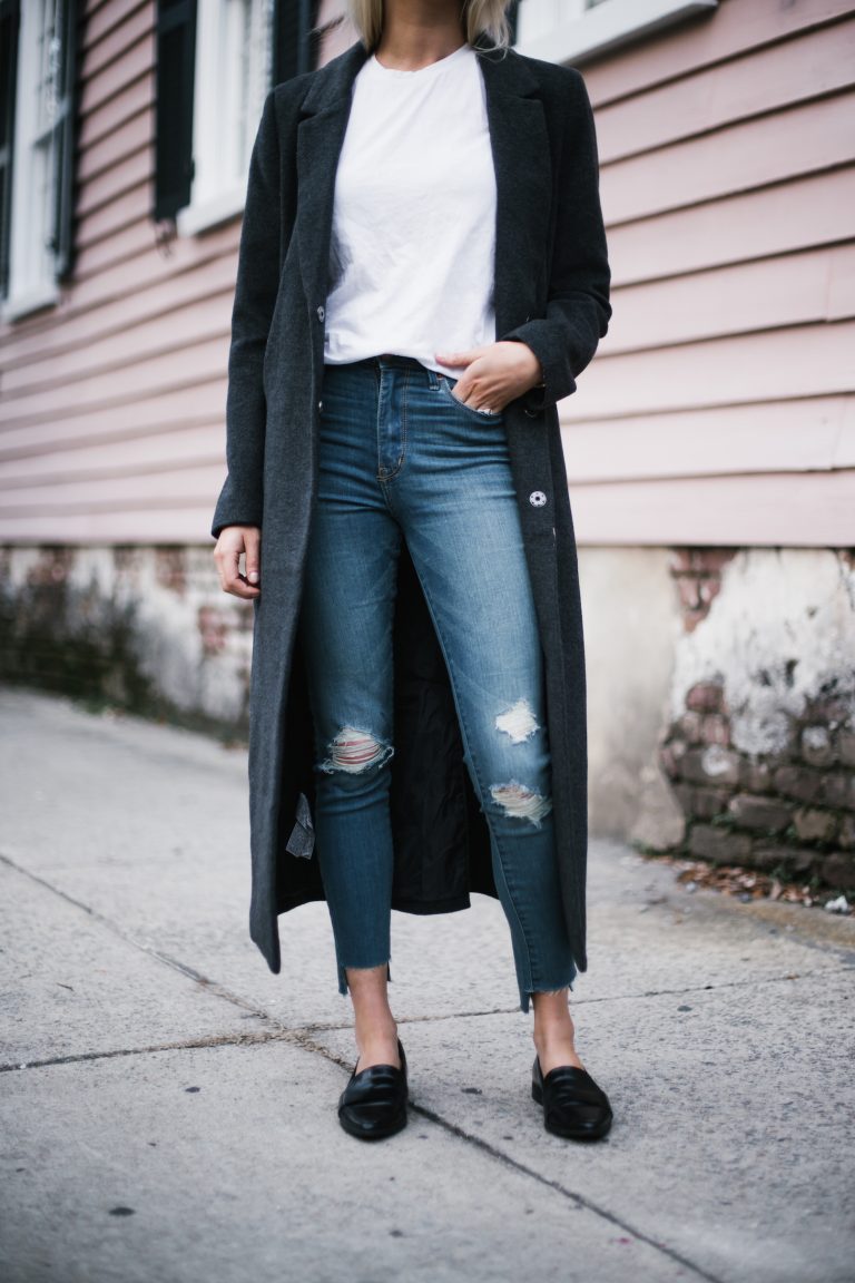 Bundled Up charcoal long wool coat dark grey white crew neck tee shirt skinny denim jeans black pointed loafers forever 21 menswear minimalist blogger winter street style // Charleston Fashion Blogger Dannon Like The Yogurt