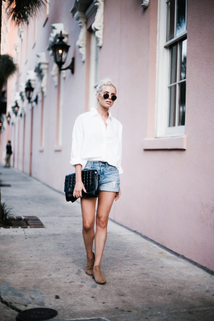 Denim Boy Shorts white button down shirt poplin woven forever 21 medal boyfriend suede ankle boots top knot hair downtown on-the-go  street style spring 2017  // Charleston Fashion Blogger Dannon Like The Yogurt  