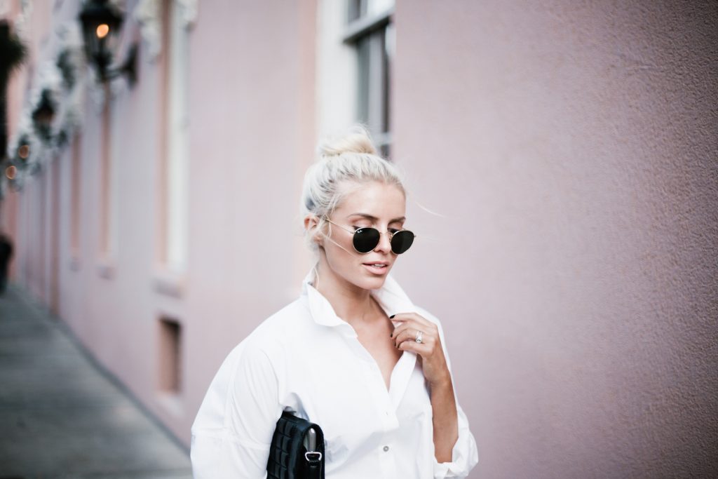 Denim Boy Shorts white button down shirt poplin woven forever 21 medal boyfriend suede ankle boots top knot hair downtown on-the-go street style spring 2017 // Charleston Fashion Blogger Dannon Like The Yogurt
