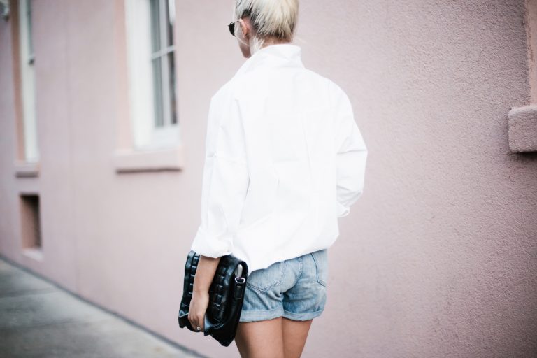 Denim Boy Shorts white button down shirt poplin woven forever 21 medal boyfriend suede ankle boots top knot hair downtown on-the-go street style spring 2017 // Charleston Fashion Blogger Dannon Like The Yogurt