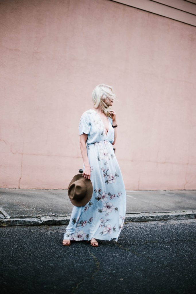 Floral Maxis Forever 21 contemporary dress plunge neck fedora floppy tan hat southern street style downtown fashion week // Charleston Fashion Blogger Dannon Like The Yogurt 