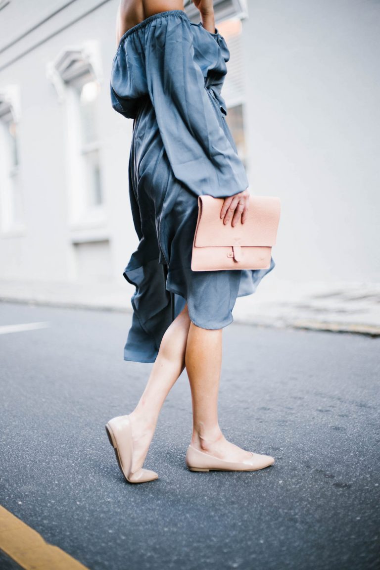 Spring Satins Forever 21 off-the-shoulder dress nude ballet flats blush clutch round sunglasses southern street style downtown fashion week // Charleston Fashion Blogger Dannon Like The Yogurt