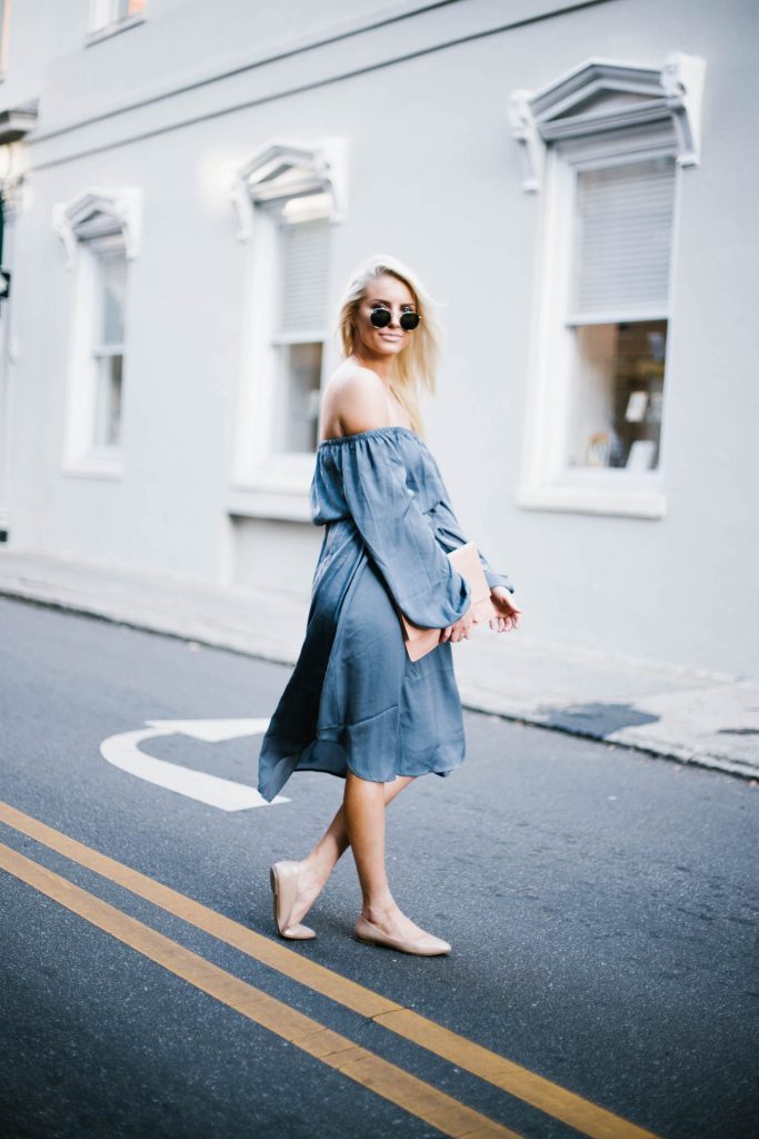 Spring Satins Forever 21 off-the-shoulder dress nude ballet flats blush clutch round sunglasses southern street style downtown fashion week // Charleston Fashion Blogger Dannon Like The Yogurt 