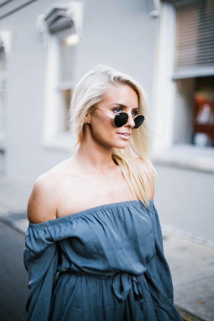 Spring Satins Forever 21 off-the-shoulder dress nude ballet flats blush clutch round sunglasses southern street style downtown fashion week // Charleston Fashion Blogger Dannon Like The Yogurt 