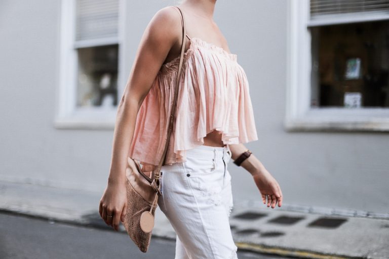 Beachy Apiece Apart Sanna Cropped Cami in Pink Quartz white distressed boyfriend jeans jbrand the sak tomboy crochet cross body satchel platinum blonde hair spring southern street style downtown // Charleston Fashion Blogger Dannon Like The Yogurt