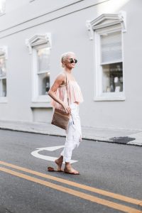 Beachy Apiece Apart Sanna Cropped Cami in Pink Quartz white distressed boyfriend jeans jbrand the sak tomboy crochet cross body satchel platinum blonde hair spring southern street style downtown // Charleston Fashion Blogger Dannon Like The Yogurt