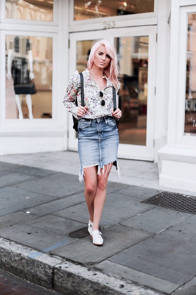 High Water Festival with The Frye Company floral blouse button-up shirt distressed high waist denim pencil skirt white ellen monk ankle boots booties casey backpack platinum blonde pink hair spring southern street style downtown // Charleston Fashion Blogger Dannon Like The Yogurt