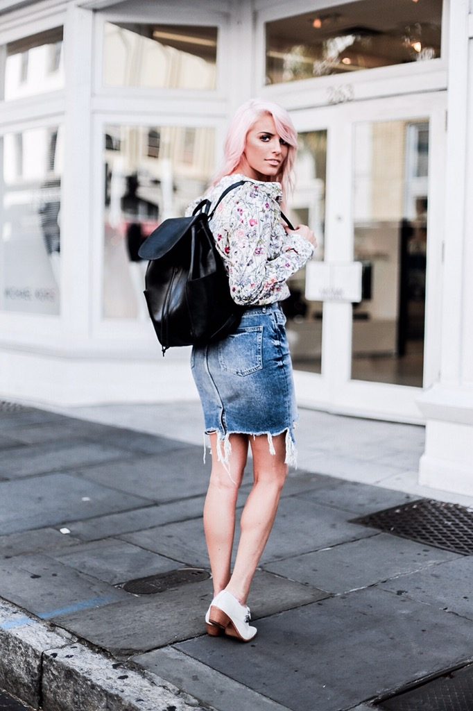 High Water Festival with The Frye Company floral blouse button-up shirt distressed high waist denim pencil skirt white ellen monk ankle boots booties casey backpack platinum blonde pink hair spring southern street style downtown // Charleston Fashion Blogger Dannon Like The Yogurt