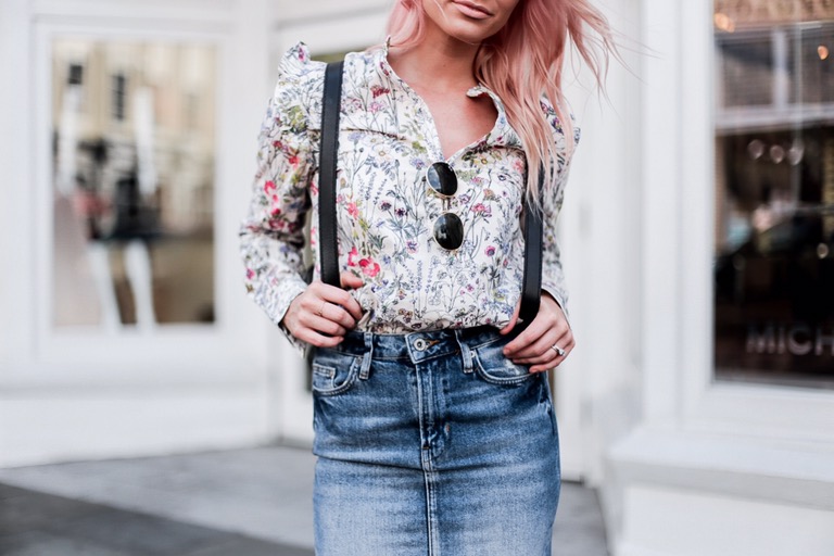 High Water Festival with The Frye Company floral blouse button-up shirt distressed high waist denim pencil skirt white ellen monk ankle boots booties casey backpack platinum blonde pink hair spring southern street style downtown // Charleston Fashion Blogger Dannon Like The Yogurt