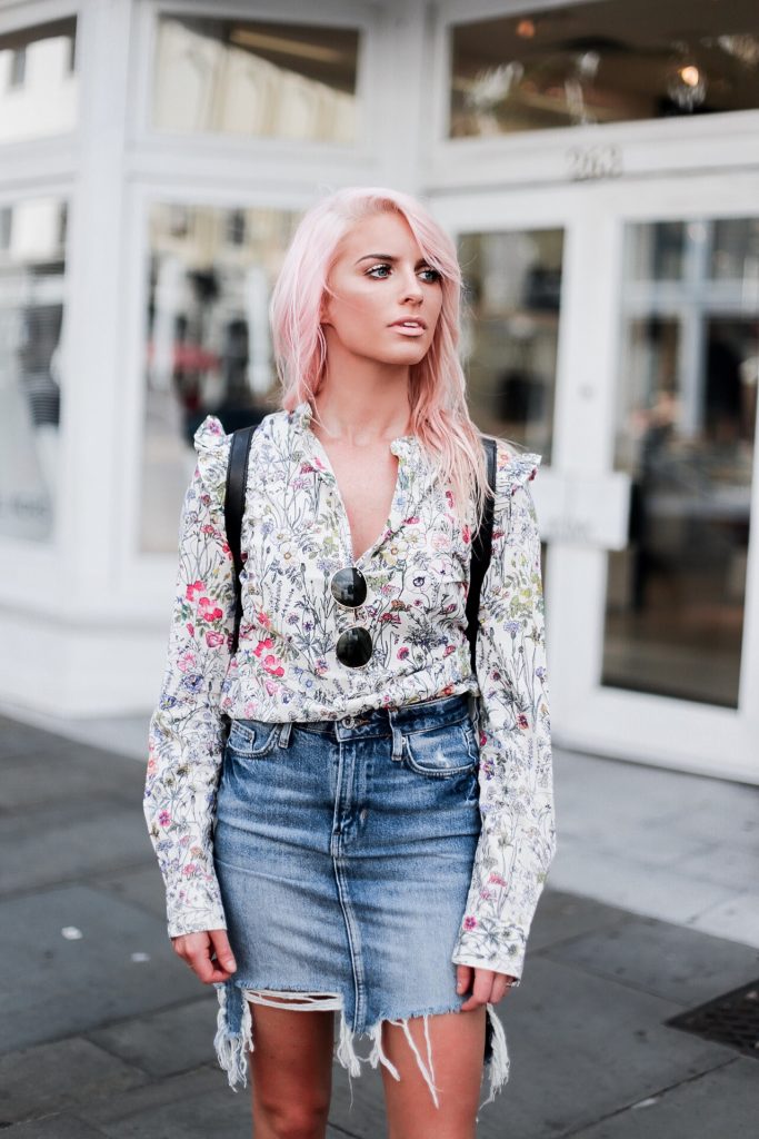 High Water Festival with The Frye Company floral blouse button-up shirt distressed high waist denim pencil skirt white ellen monk ankle boots booties casey backpack platinum blonde pink hair spring southern street style downtown // Charleston Fashion Blogger Dannon Like The Yogurt