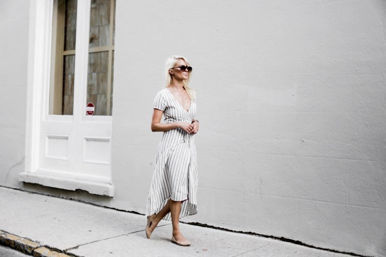 Linen Stripes ride side wrap dress v neck short sleeve midi ankle strap sandals platinum blonde hair spring southern street style downtown // Charleston Fashion Blogger Dannon Like The Yogurt