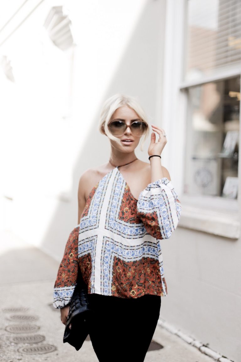 Paisley Prints line & Dot Tasha Halter Top off the shoulder tan suede mules european italian style platinum blonde hair spring southern street style downtown // Charleston Fashion Blogger Dannon Like The Yogurt