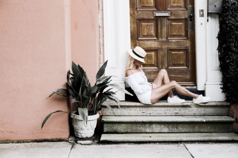 Second Sunday Majorelle Sangria Top dusty blue high waist shorts boater hat 1950s inspired oversized sunglasses european italian style platinum blonde hair spring southern street style downtown // Charleston Fashion Blogger Dannon Like The Yogurt