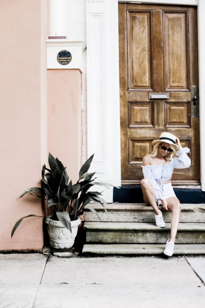 Second Sunday Majorelle Sangria Top dusty blue high waist shorts boater hat 1950s inspired oversized sunglasses european italian style platinum blonde hair spring southern street style downtown   // Charleston Fashion Blogger Dannon Like The Yogurt  