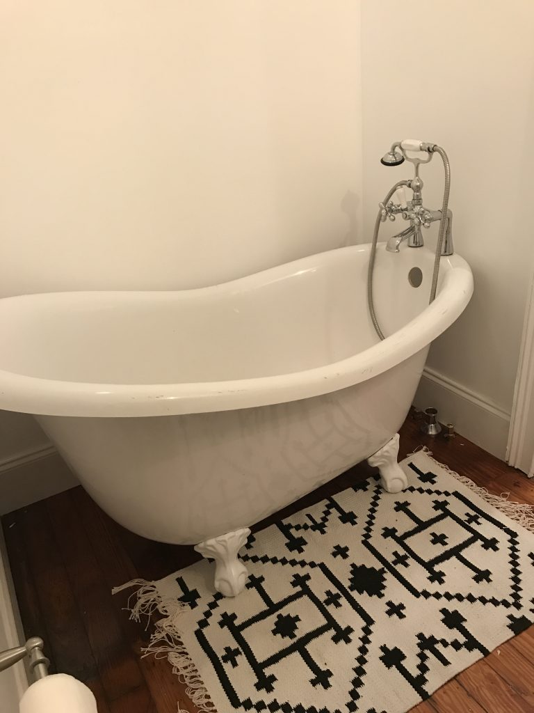 Guest Bath Process Clawfoot Tub Historic Downtown Home renovation bathroom hardwood white mid century Charleston Fashion Blogger Dannon K. Collard Like The Yogurt