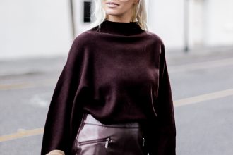 Leather Maroon mini high waist skirt oversized knit sweater burgundy camel coat loafers fall 2017 street style Charleston Fashion Blogger Dannon Like The Yogurt