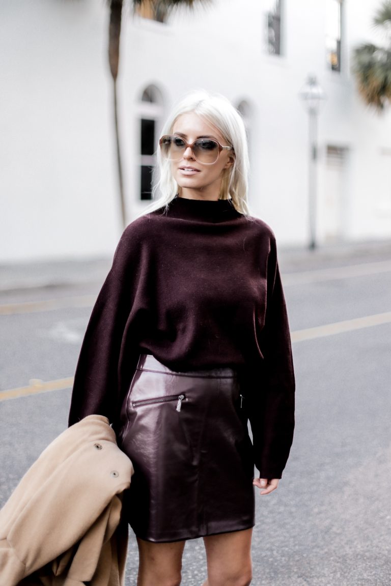 Leather Maroon mini high waist skirt oversized knit sweater burgundy camel coat loafers fall 2017 street style Charleston Fashion Blogger Dannon Like The Yogurt