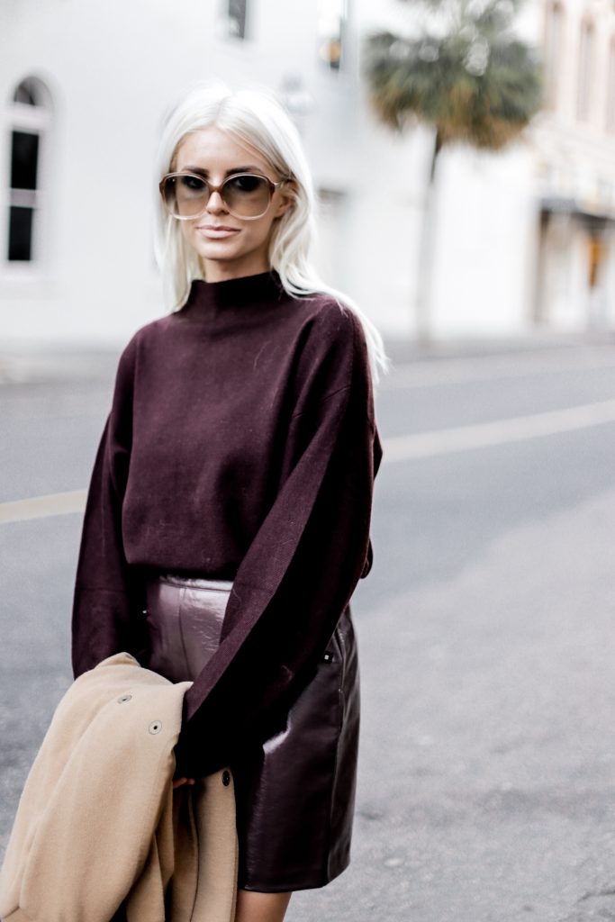 Leather Maroon mini high waist skirt oversized knit sweater burgundy camel coat loafers fall 2017 street style Charleston Fashion Blogger Dannon Like The Yogurt  