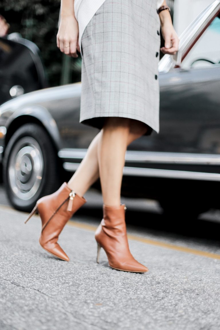 Business Attire Fall houndstooth checker plaid pencil skirt buttons camel ankle boots white chunky knit sweater downtown street style Charleston Fashion Blogger Dannon Like The Yogurt