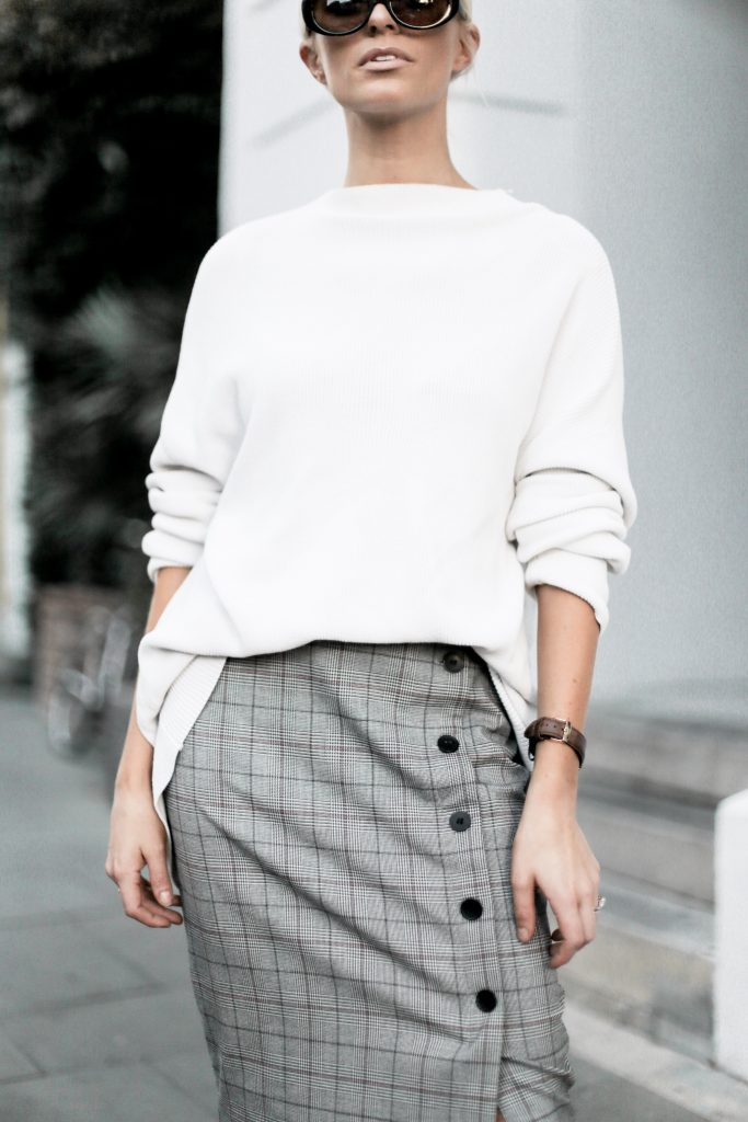 Business Attire Fall houndstooth checker plaid pencil skirt buttons camel ankle boots white chunky knit sweater downtown street style Charleston Fashion Blogger Dannon Like The Yogurt 