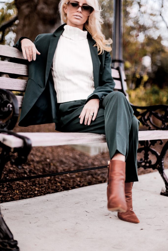 Give Thanks Fall 70s style green suit cigarette pants blazer oversized sunglasses downtown street style Charleston Fashion Blogger Dannon Like The Yogurt high waist camel pants trousers wide leg palazzo pants plunge neck long sleeve wrap body suit asos black friday sales deals