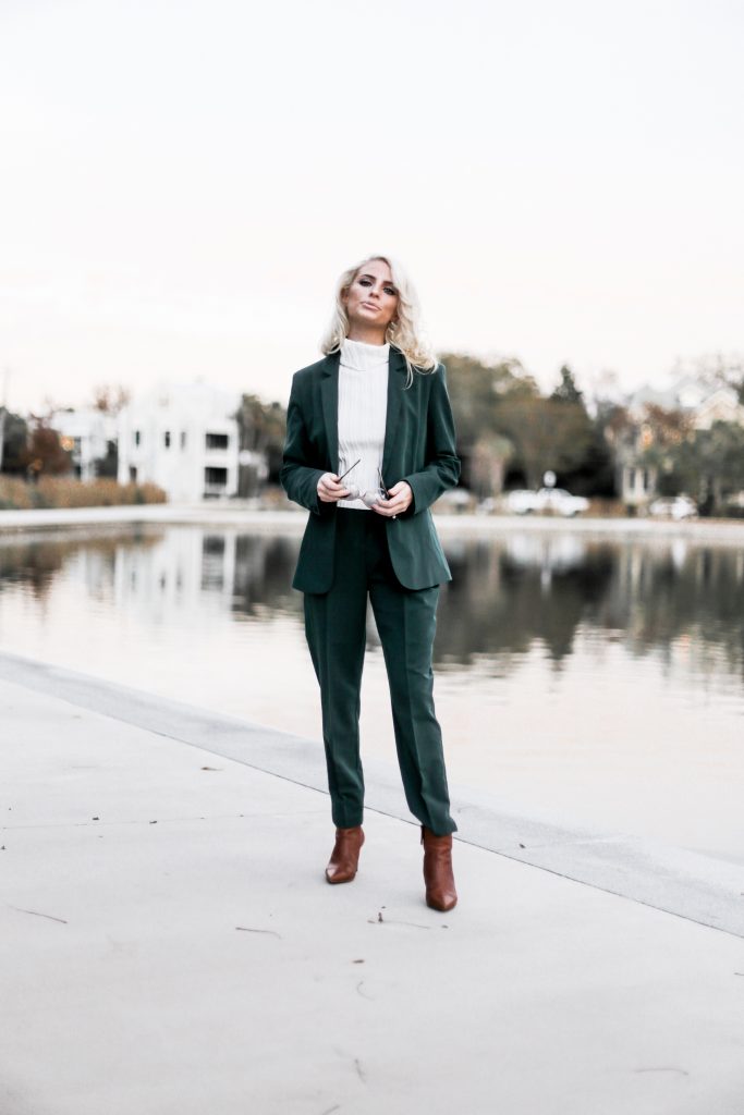 Give Thanks Fall 70s style green suit cigarette pants blazer oversized sunglasses downtown street style Charleston Fashion Blogger Dannon Like The Yogurt high waist camel pants trousers wide leg palazzo pants plunge neck long sleeve wrap body suit asos black friday sales deals