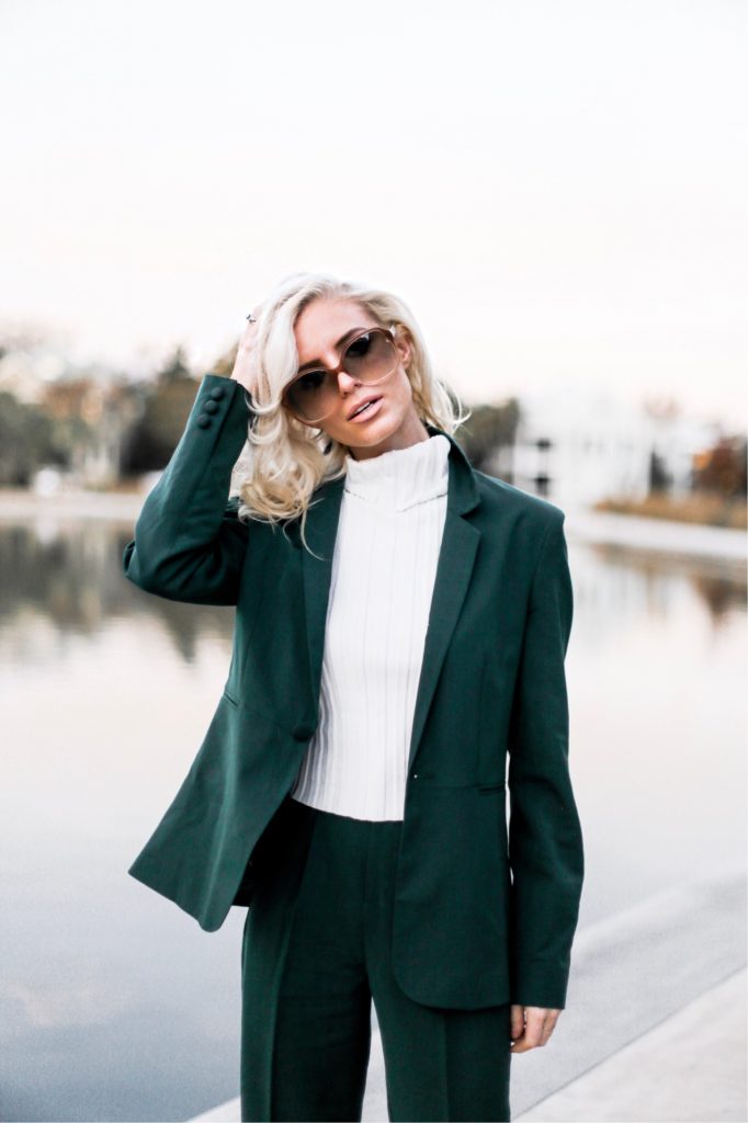 Give Thanks Fall 70s style green suit cigarette pants blazer oversized sunglasses downtown street style Charleston Fashion Blogger Dannon Like The Yogurt high waist camel pants trousers wide leg palazzo pants plunge neck long sleeve wrap body suit asos black friday sales deals