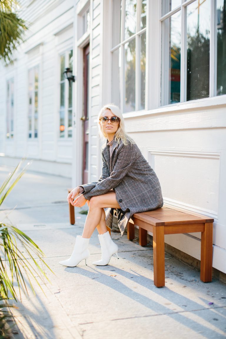 Fall Neutrals burgundy leather skirt houndstooth check long coat white ankle boots tan turtleneck Charleston Fashion Blogger Dannon Like The Yogurt Clay Austin Photography