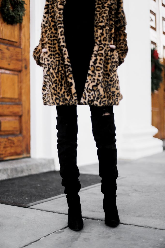 Winter Leopard faux fur coat black beanie cold winter wear chic over the knee suede boots target turtleneck forever 21 black skinny jeans Charleston Fashion Blogger Dannon Like The Yogurt 