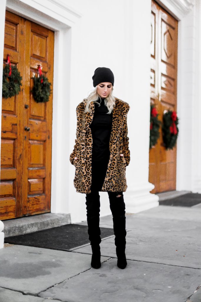 Winter Leopard faux fur coat black beanie cold winter wear chic over the knee suede boots target turtleneck forever 21 black skinny jeans Charleston Fashion Blogger Dannon Like The Yogurt 
