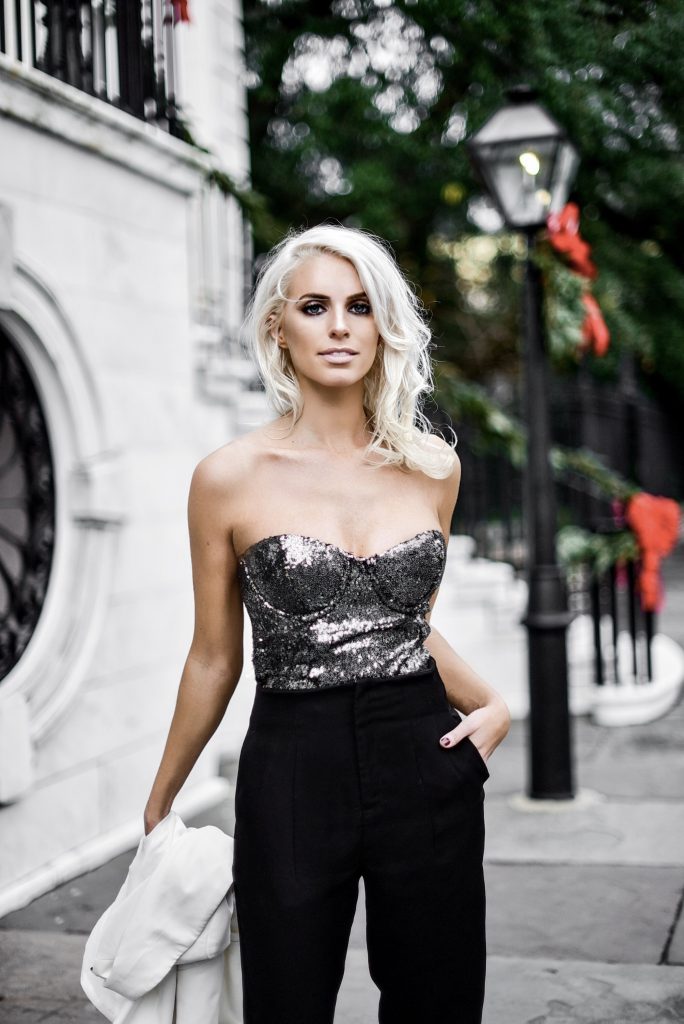 NYE Sequin Corset new years eve party bodysuit outfit Charleston Fashion Blogger Dannon Like The Yogurt house of harlow revolve forever 21 black trousers high waist ankle strap heels suede white longline blazer