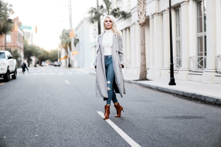 Winter Neutrals Winter Neutrals grey wool long coat white turtleneck ribbed sleeveless crop top skinny jeans camel ankle boots Charleston Fashion Blogger Dannon Like The Yogurt