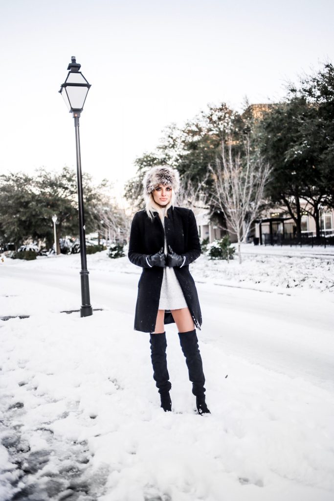 Snow Bunny in Charleston SC king street January 4th 2018 faux fur hat oversized sunglasses thigh high boots H&M forever 21 black coat high neck sweater Charleston Fashion Blogger Dannon Like The Yogurt