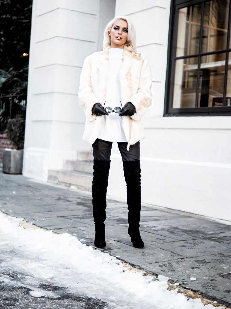 snowed vintage fur white leather pants thigh high boots platinum blonde cat eye sunglasses Charleston Fashion Blogger Dannon Like The Yogurt