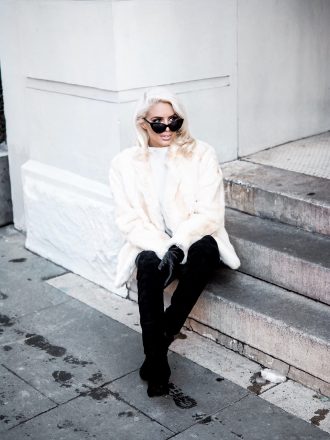 snowed vintage fur white leather pants thigh high boots platinum blonde cat eye sunglasses Charleston Fashion Blogger Dannon Like The Yogurt