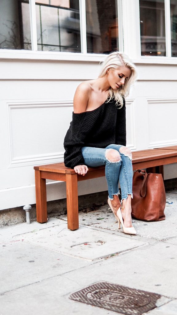 Loose Knits twist back sweater skinny jeans nude heels Charleston Fashion Blogger Dannon Like The Yogurt
